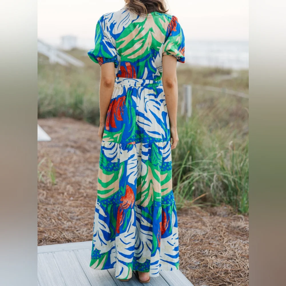 Flying Tomato Vibrant Leaf Print Maxi Dress 100% Cotton Size Large. - Picture 4 of 14